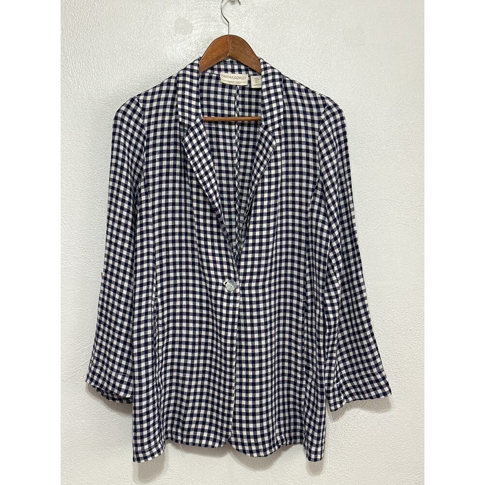 Gingham Cynthia Rowley Linen Blazer S Navy Coastal Nautical Vineyard Hamptons